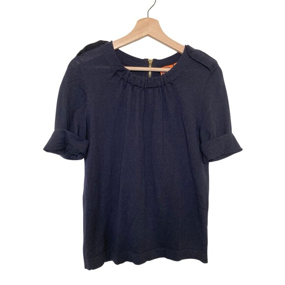 Tory Burch Blue Sweater Womens Size S Short Sleeve Merino Wool Back Zip - Picture 1 of 13